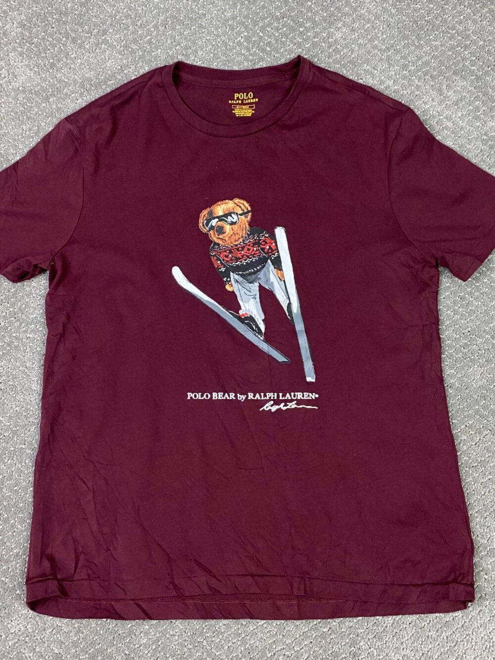 Polo Ralph Lauren Polo Bear T Shirt Mens Medium Burgundy Red Ski Jumping Skiing